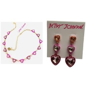 BETSEY JOHNSON SET Valentine Multi-Heart Pink Red Crystal Necklace Earrings NWT